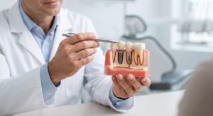 Dentist showing patient a dental implant model during consultation.